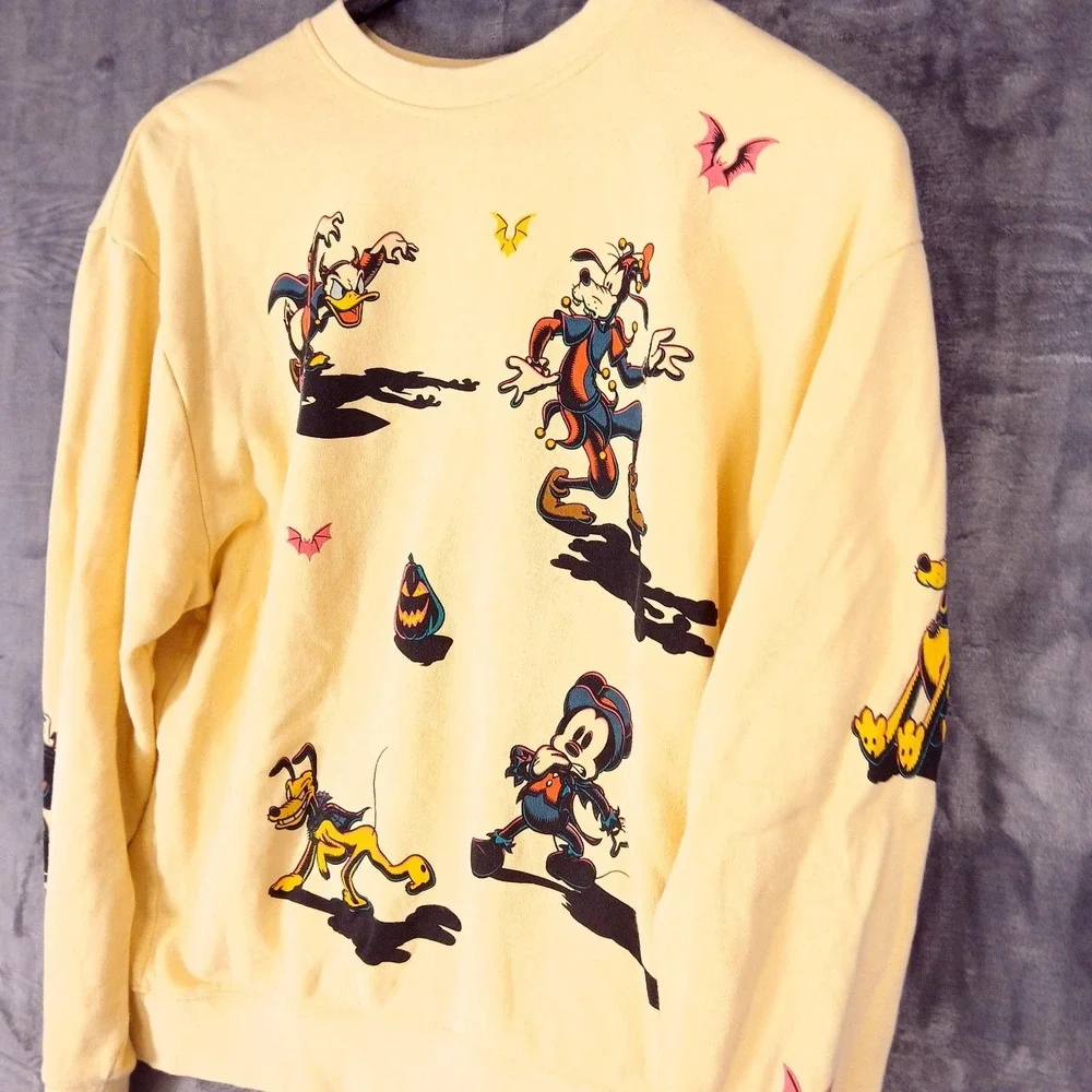 Disney Sweatshirt Mens Large Yellow Halloween Mickey Goofy Donald Pluto - Picture 5 of 10